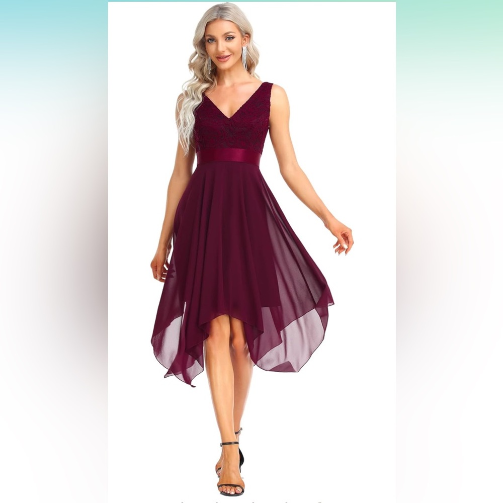 Ever-Pretty V-Neck Irregular Hem Lace A-Line Chiffon Cocktail Dress Mulberry - S